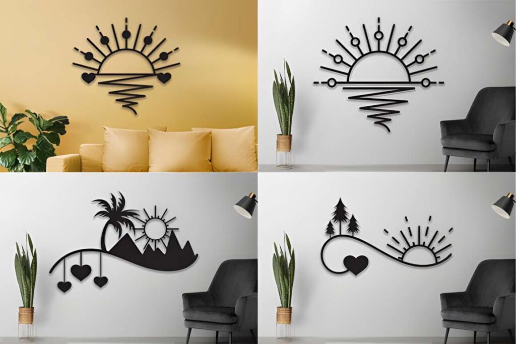 50 Laser Cut Steel Wall Art Ideas for Modern Home Decor 4 Laser cut steel wall art ideas featuring sun-and-waves designs in black metal on various wall colors