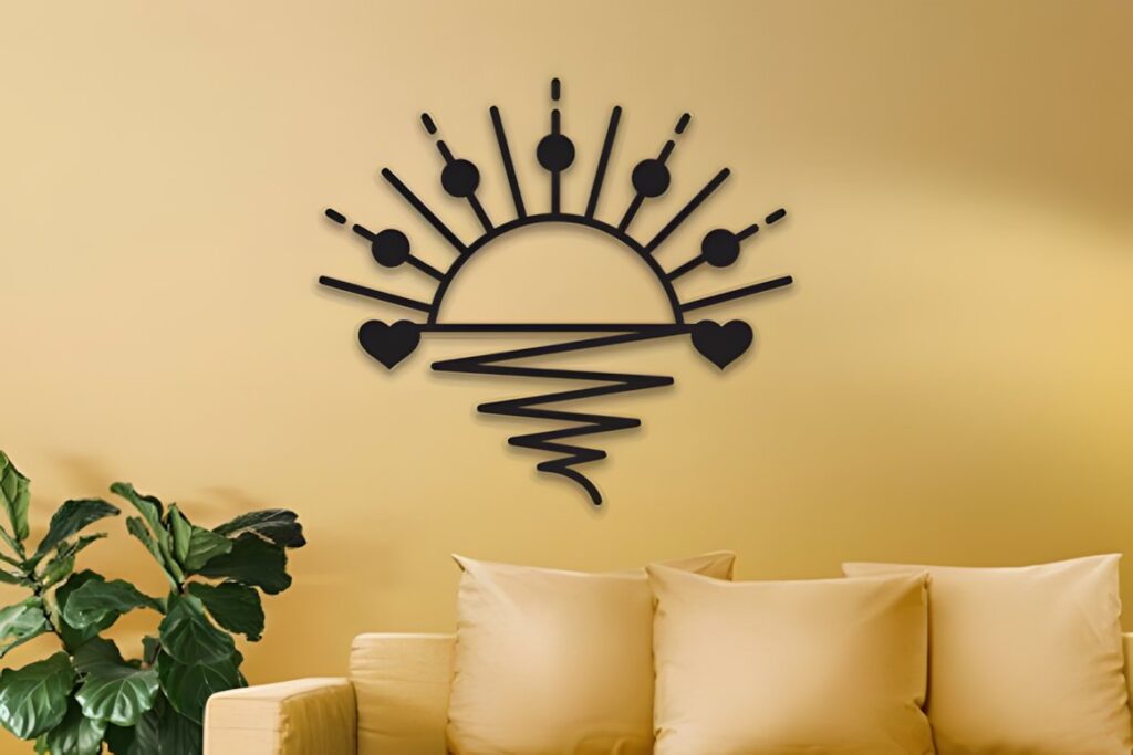 47 Laser Cut Wall Art Ideas for Stylish Home Interiors 37 Laser cut wall art ideas featuring a sun and waves motif in black metal on a yellow wall above a beige sofa