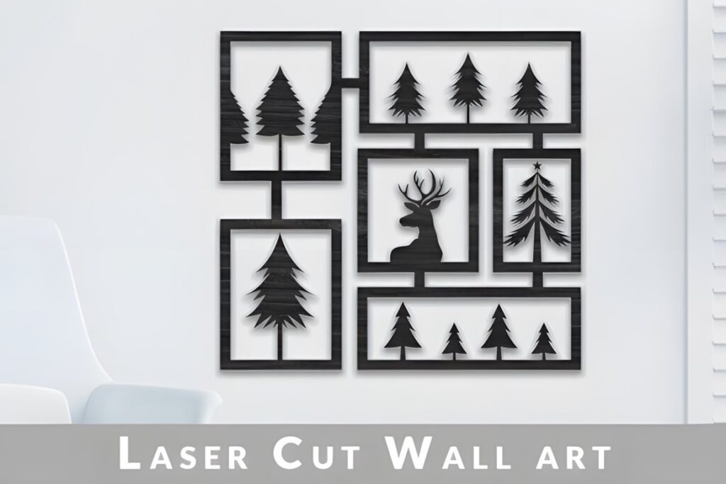 47 Laser Cut Wall Art Ideas for Stylish Home Interiors 41 Laser cut wall art ideas featuring black framed silhouettes of pine trees and a deer head arranged in a modern grid pattern