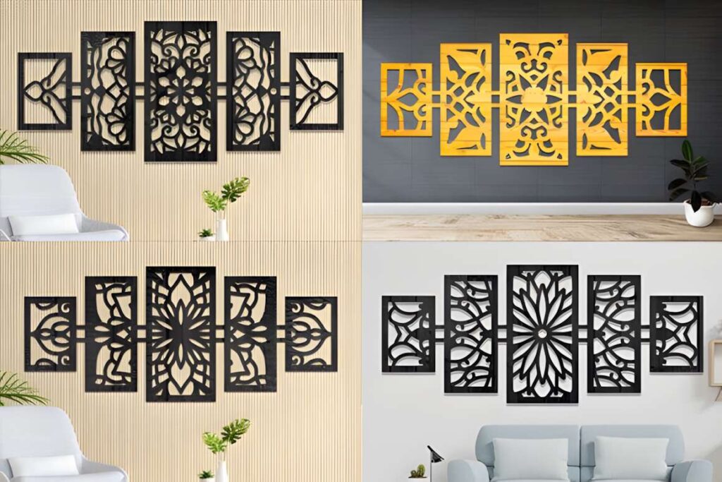 39 Outdoor Laser Cut Panels for Modern Outdoor Spaces 35 Set of outdoor laser cut panels with mandala patterns in black and yellow for decorative wall and fence inserts