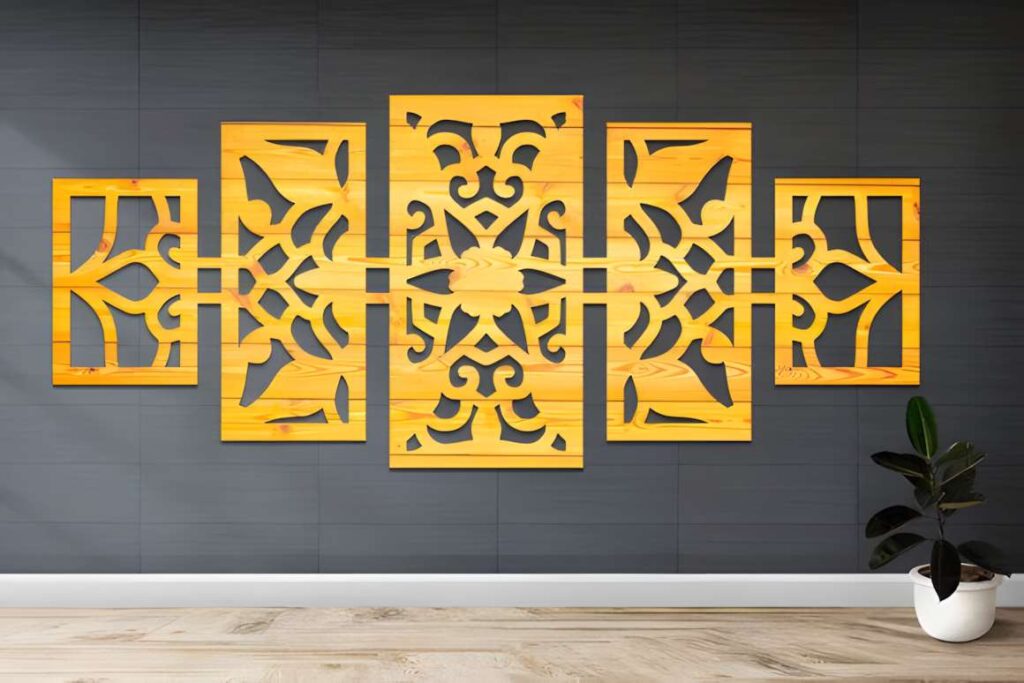 39 Outdoor Laser Cut Panels for Modern Outdoor Spaces 36 Outdoor laser cut panels with symmetrical mandala design in yellow mounted on dark wall