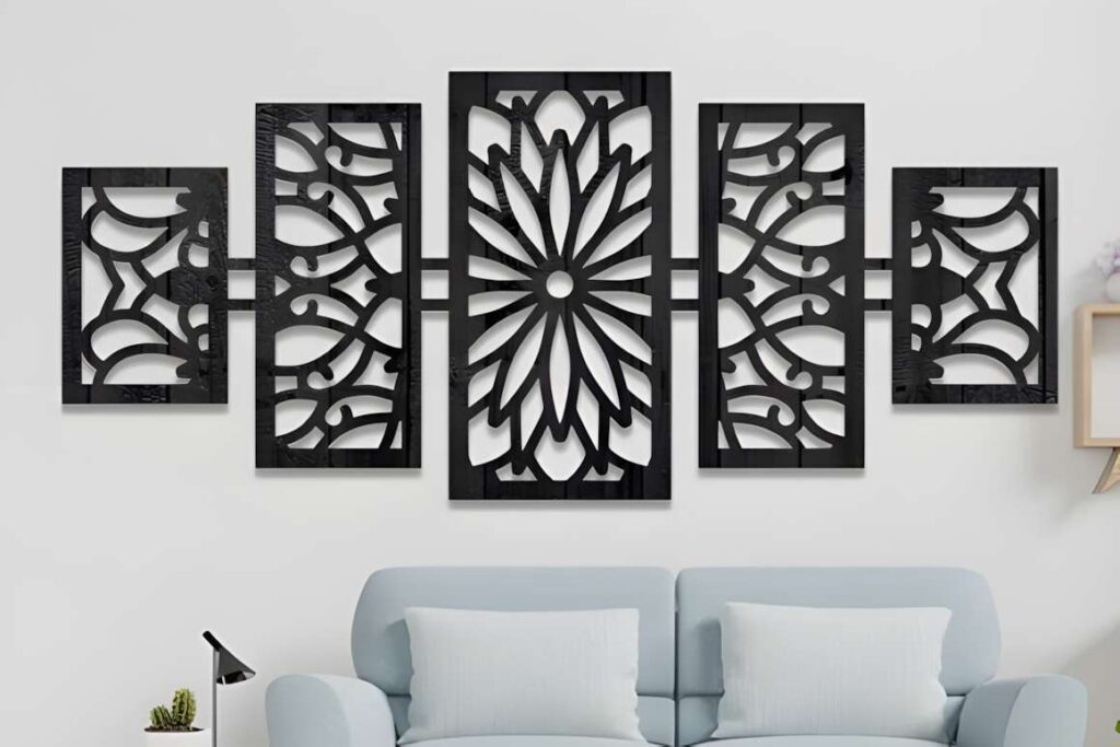 39 Outdoor Laser Cut Panels for Modern Outdoor Spaces 20 Outdoor laser cut panels with symmetrical floral and geometric patterns mounted above a sofa in a modern living room