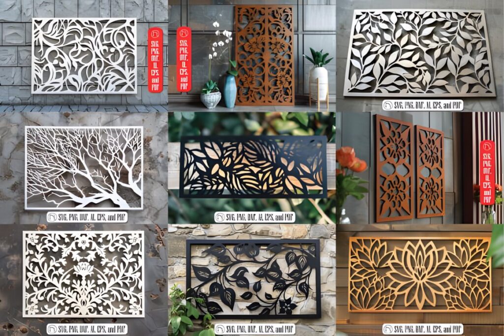 19 Laser Cut Panels for Interior Design to Make at Home 2 Laser cut panels for interior design featuring various intricate floral and nature-inspired patterns in different colors and