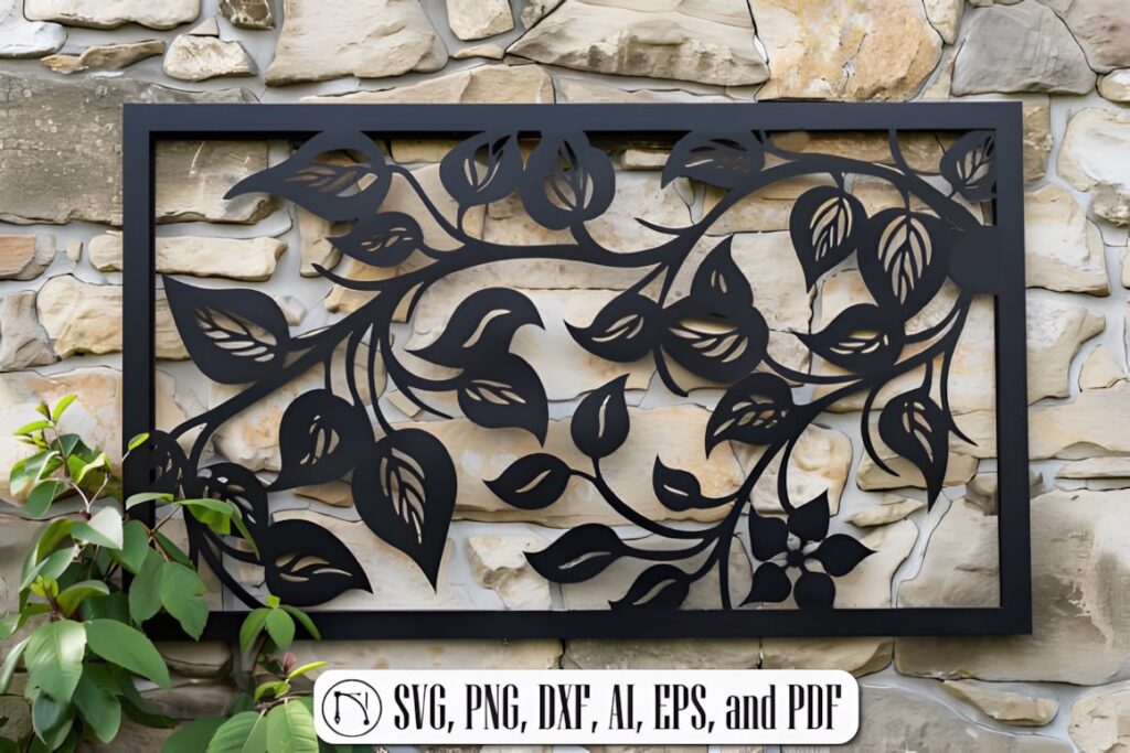 19 Laser Cut Panels for Interior Design to Make at Home 4 Black laser cut panels with leaf and branch design mounted on stone wall