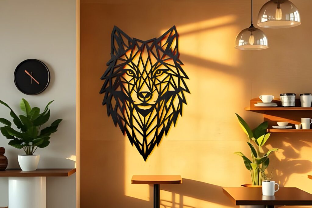47 Laser Cut Wall Art Ideas for Stylish Home Interiors 69 Geometric laser cut wall art ideas featuring a black wolf head mounted on a warm beige wall in a modern interior