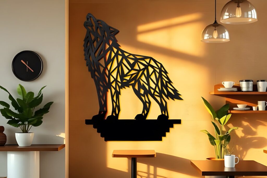 47 Laser Cut Wall Art Ideas for Stylish Home Interiors 70 Geometric laser cut wall art ideas featuring a wolf silhouette mounted on a warm-toned wall in a modern interior