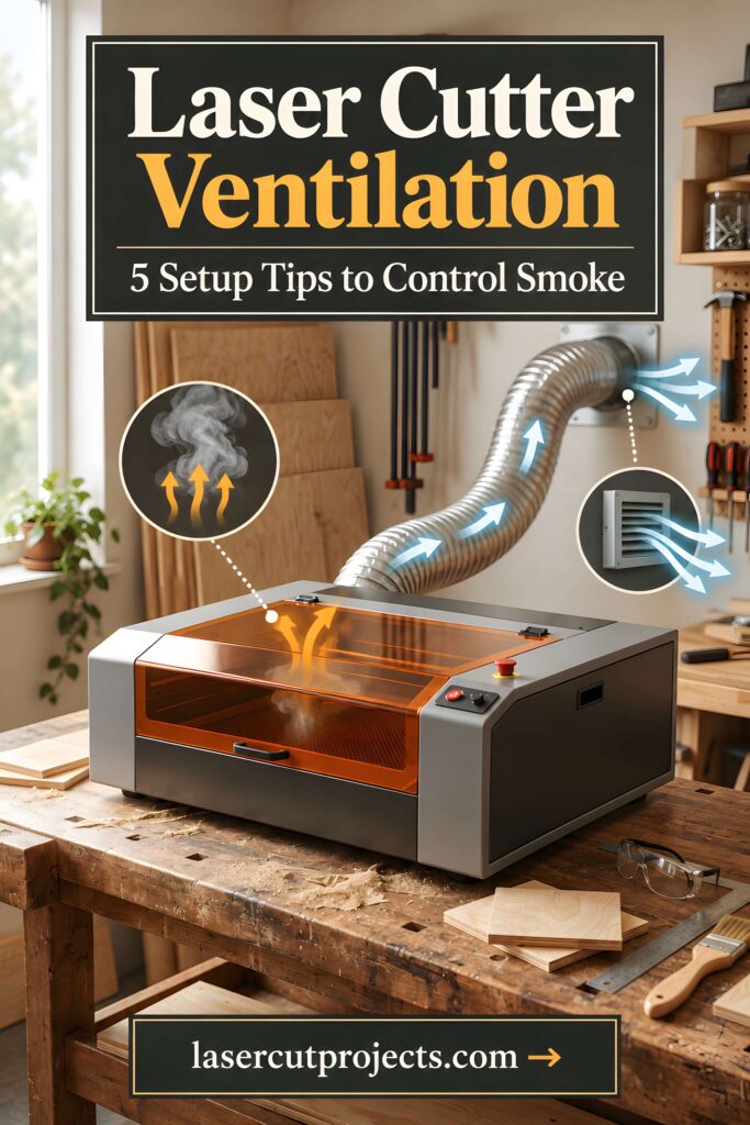Laser Cutter Ventilation: What You Need to Know 1 Laser cutter ventilation system with exhaust hose removing smoke from a laser cutting machine in a workshop