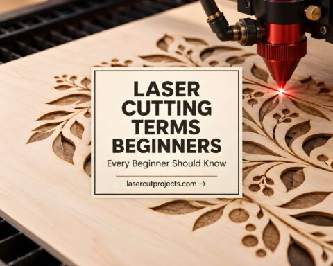 Laser cutting terms for beginners shown on wooden board being cut by laser cutter