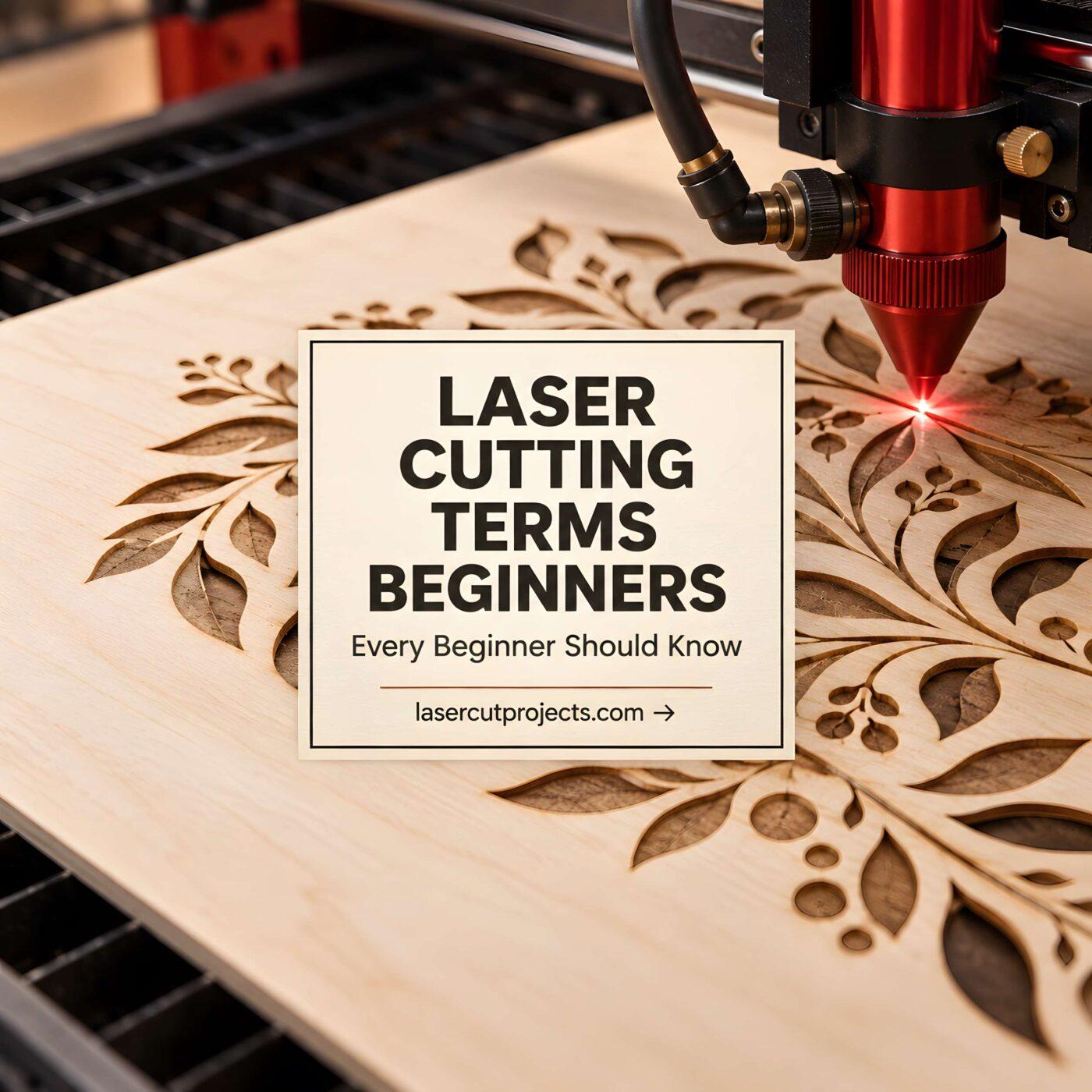 Laser cutting terms for beginners shown on wooden board being cut by laser cutter