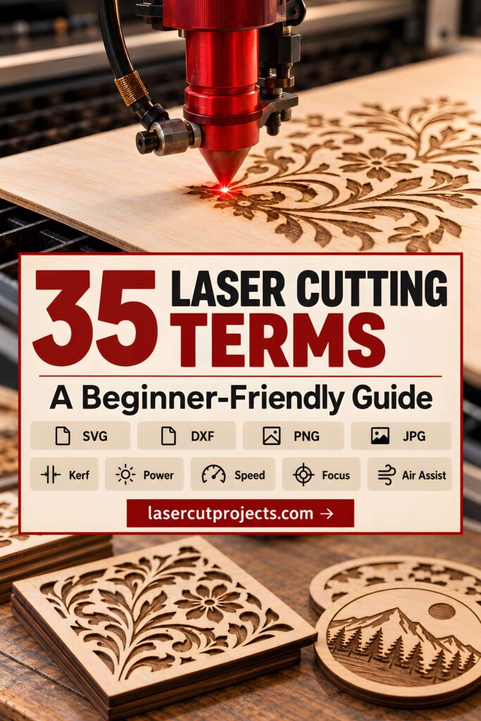 Laser Cutting Terms Every Beginner Should Know 1 laser cutting terms for beginners with laser engraving floral design on wood and guide icons