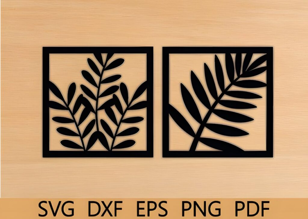 29 Laser Cut Metal Wall Art Ideas for Modern Home Decor 19 Laser cut metal wall art ideas featuring two black botanical leaf designs in square frames on a wooden background