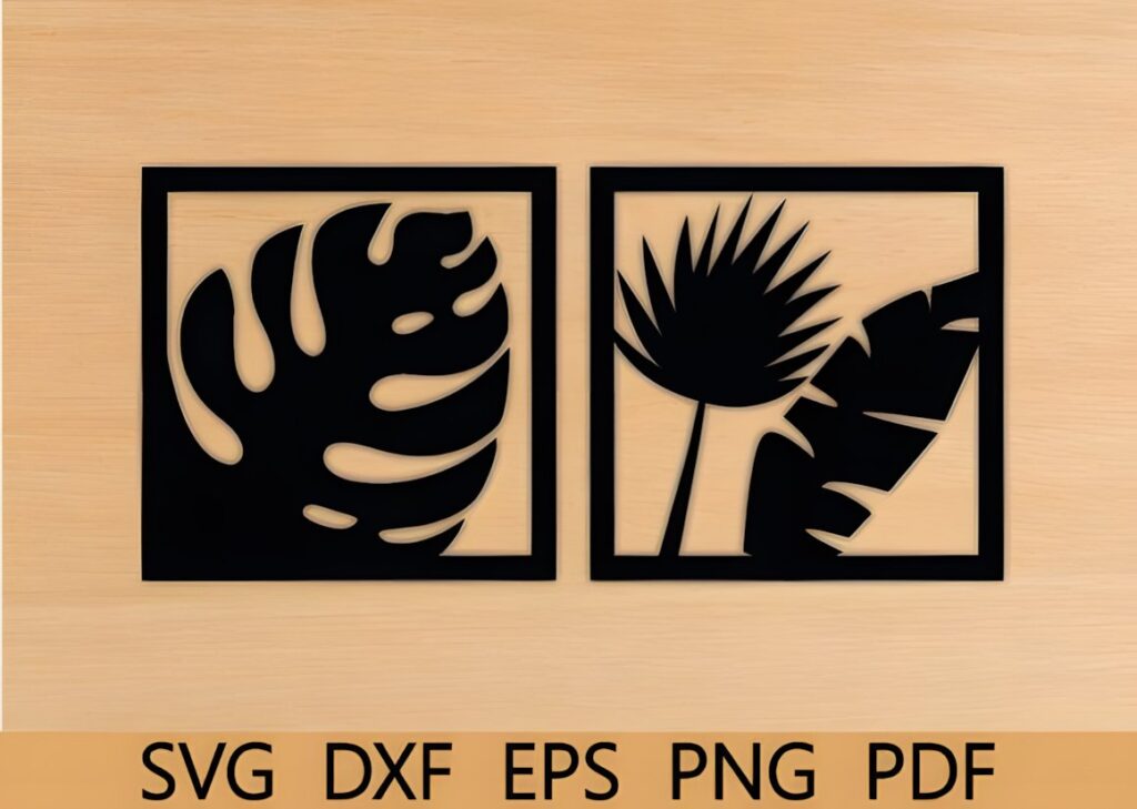 29 Laser Cut Metal Wall Art Ideas for Modern Home Decor 16 Laser cut metal wall art ideas featuring two black square frames with tropical leaf designs on a wooden background