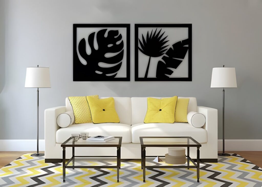 29 Laser Cut Metal Wall Art Ideas for Modern Home Decor 18 laser cut metal wall art ideas with botanical leaf designs in black frames above white sofa