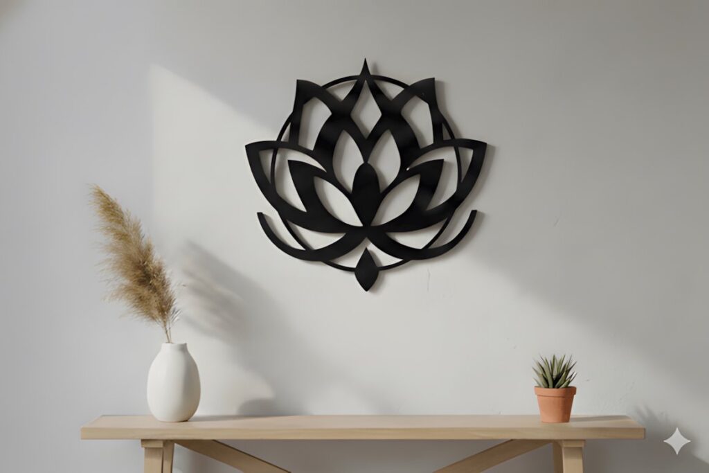 47 Laser Cut Wall Art Ideas for Stylish Home Interiors 66 Black laser cut wall art ideas lotus mandala mounted on white wall above wooden table with vase and small plant