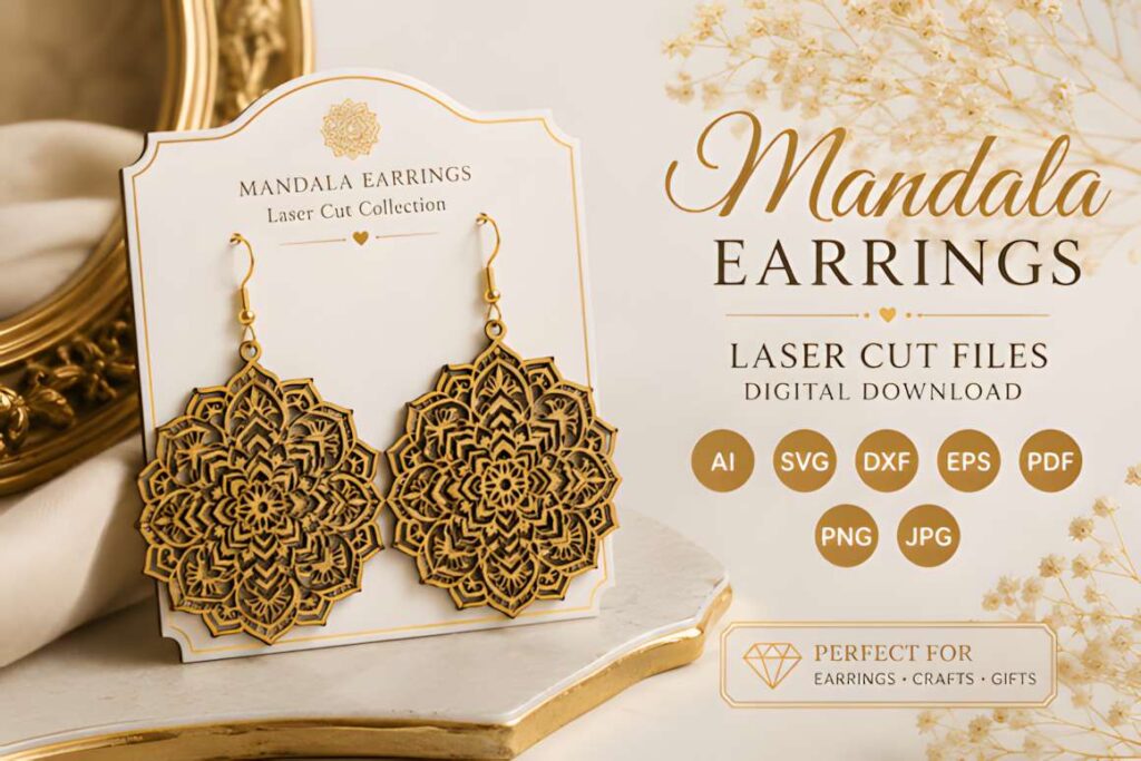 15 Laser Cut Acrylic Earring SVG Files 18 Mandala laser cut acrylic earring SVG files displayed on a card with intricate floral mandala design