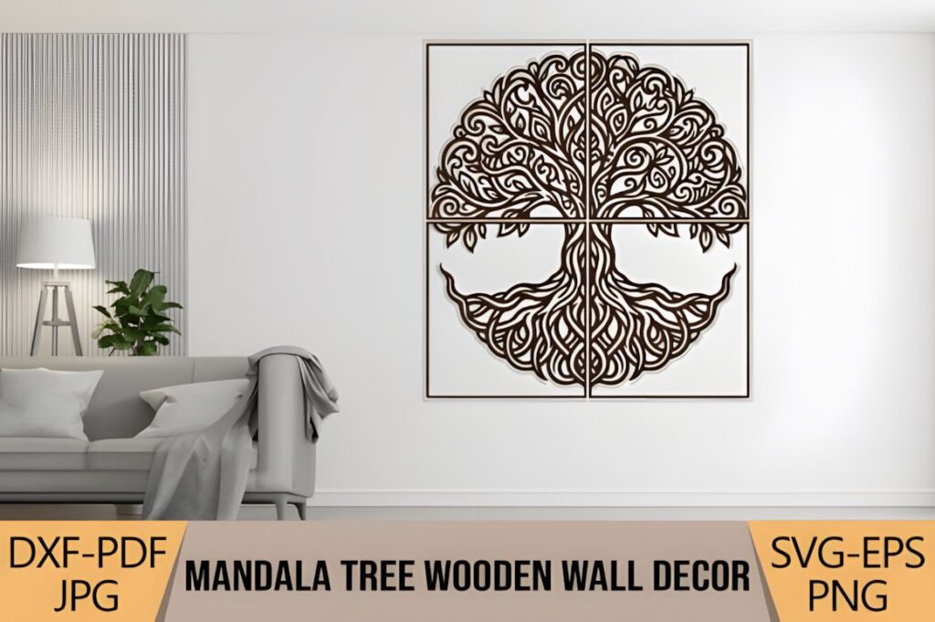 47 Laser Cut Wall Art Ideas for Stylish Home Interiors 19 Mandala tree wooden wall decor in four panels with intricate laser cut design in a modern living — laser cut wall art ideas