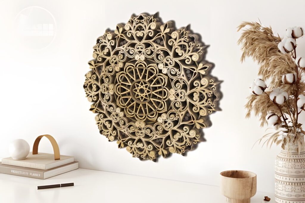 27 Laser Cut Wood Wall Art Ideas for Modern Home Decor 9 Intricate multilayer laser cut wood wall art ideas mandala with detailed engraving on white wall