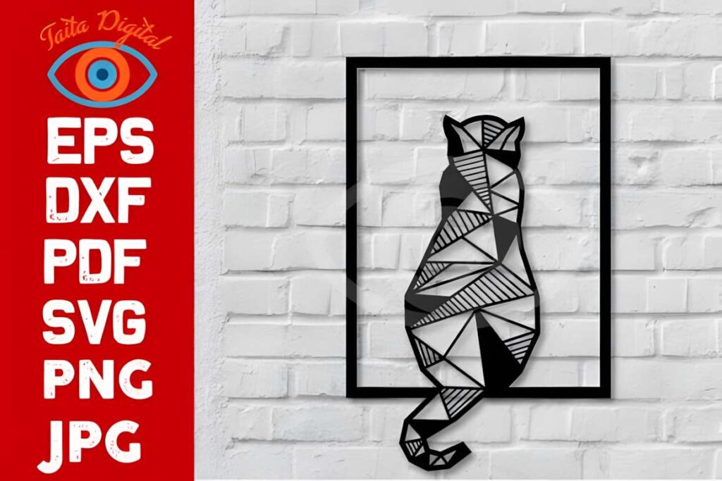 50 Laser Cut Steel Wall Art Ideas for Modern Home Decor 58 Geometric cat laser cut steel wall art ideas with faceted linework in a black frame on white brick wall