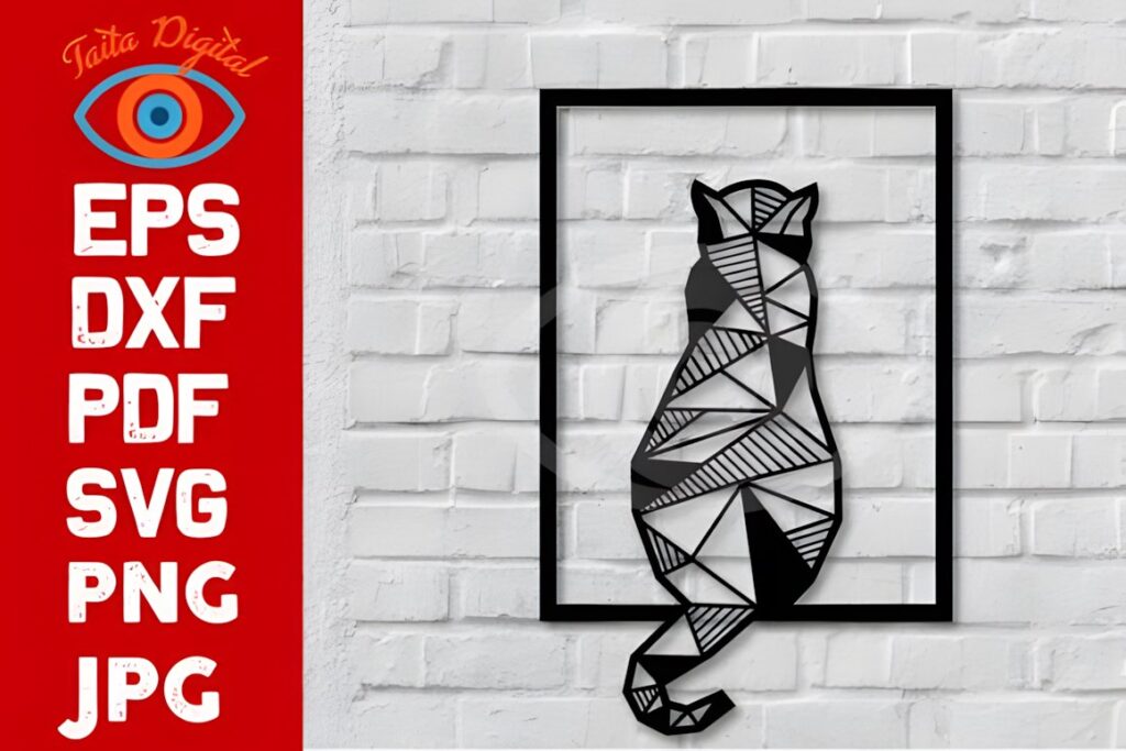 29 Laser Cut Metal Wall Art Ideas for Modern Home Decor 33 Geometric cat laser cut metal wall art ideas with angular shapes in a black frame on white brick wall