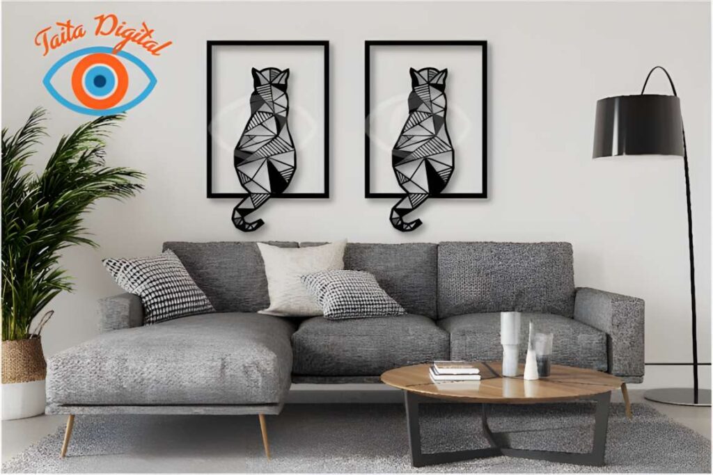 50 Laser Cut Steel Wall Art Ideas for Modern Home Decor 59 Laser cut steel wall art ideas featuring geometric cat designs in black frames above a gray sectional sofa in a modern