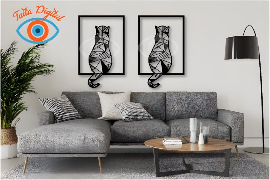 29 Laser Cut Metal Wall Art Ideas for Modern Home Decor 34 Geometric cat laser cut metal wall art ideas displayed in black frames above a modern gray sofa in a living room