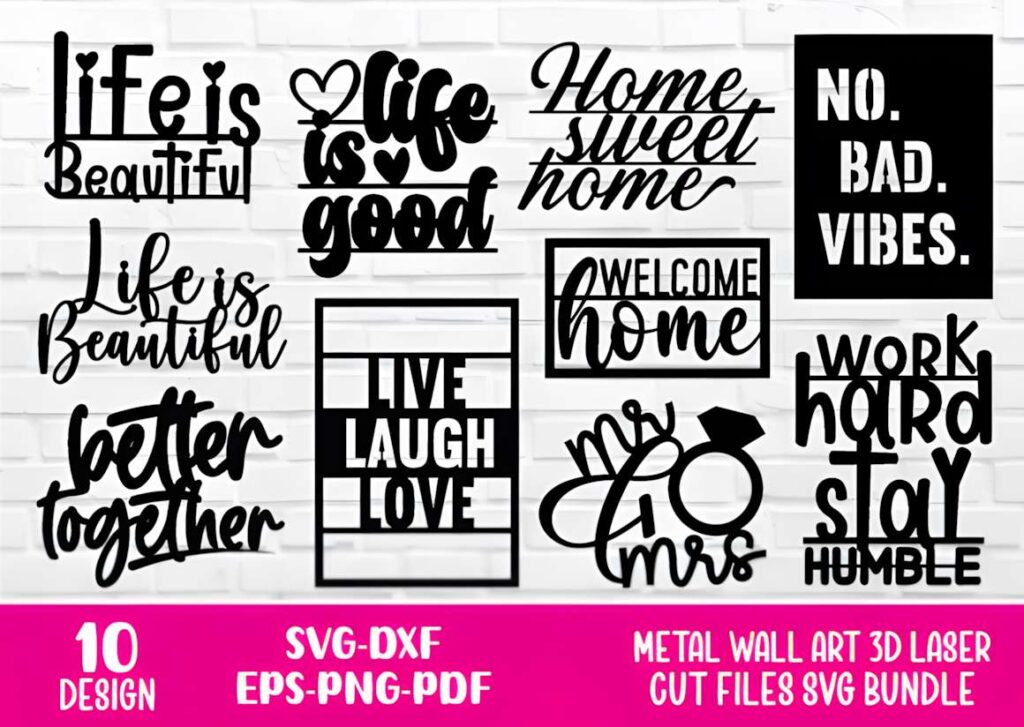 50 Laser Cut Steel Wall Art Ideas for Modern Home Decor 6 Laser cut steel wall art ideas featuring various inspirational and home-themed text designs in black metal silhouettes