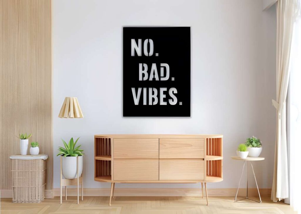 50 Laser Cut Steel Wall Art Ideas for Modern Home Decor 7 Laser cut steel wall art ideas with black metal panel displaying No. Bad. Vibes. text in modern room