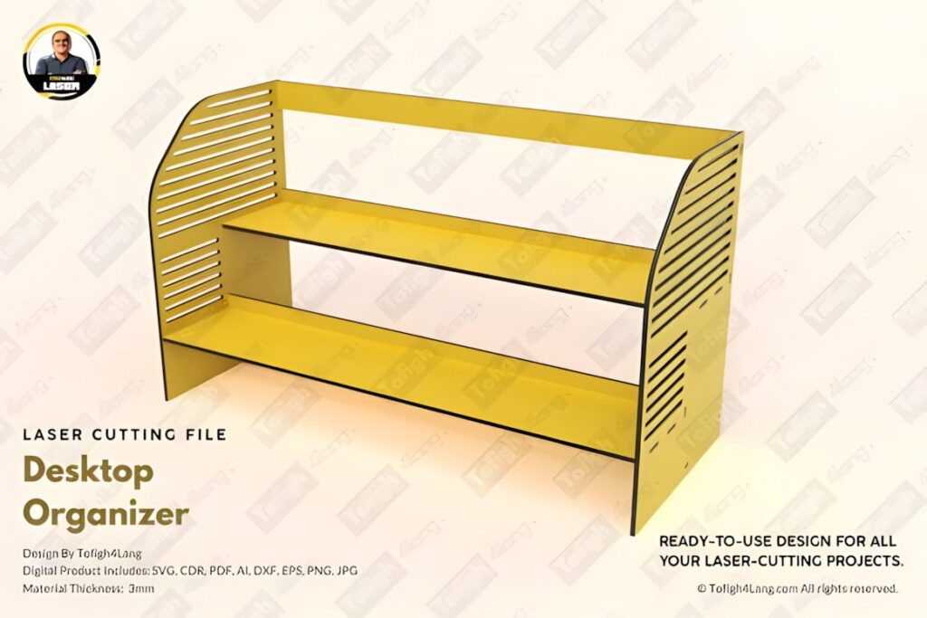 17 Laser Cut Desk Organizer Templates for DIY Laser Projects 40 Laser cut desk organizer templates showing a minimalist yellow desktop organizer with two shelves and slotted side panels