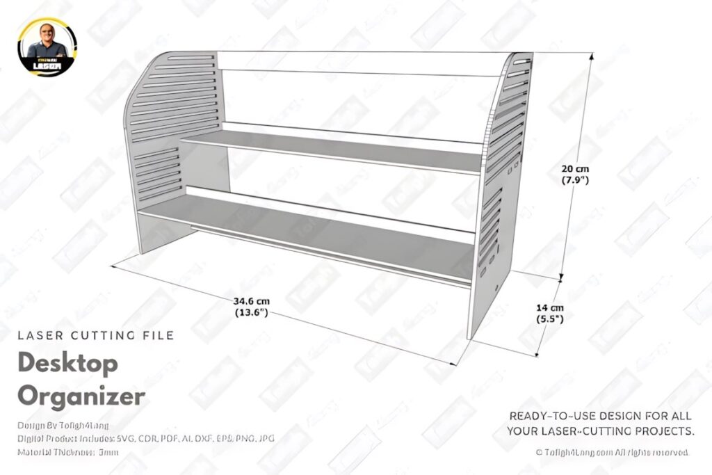 17 Laser Cut Desk Organizer Templates for DIY Laser Projects 41 laser cut desk organizer templates showing minimalist desktop organizer with two shelves and dimensions