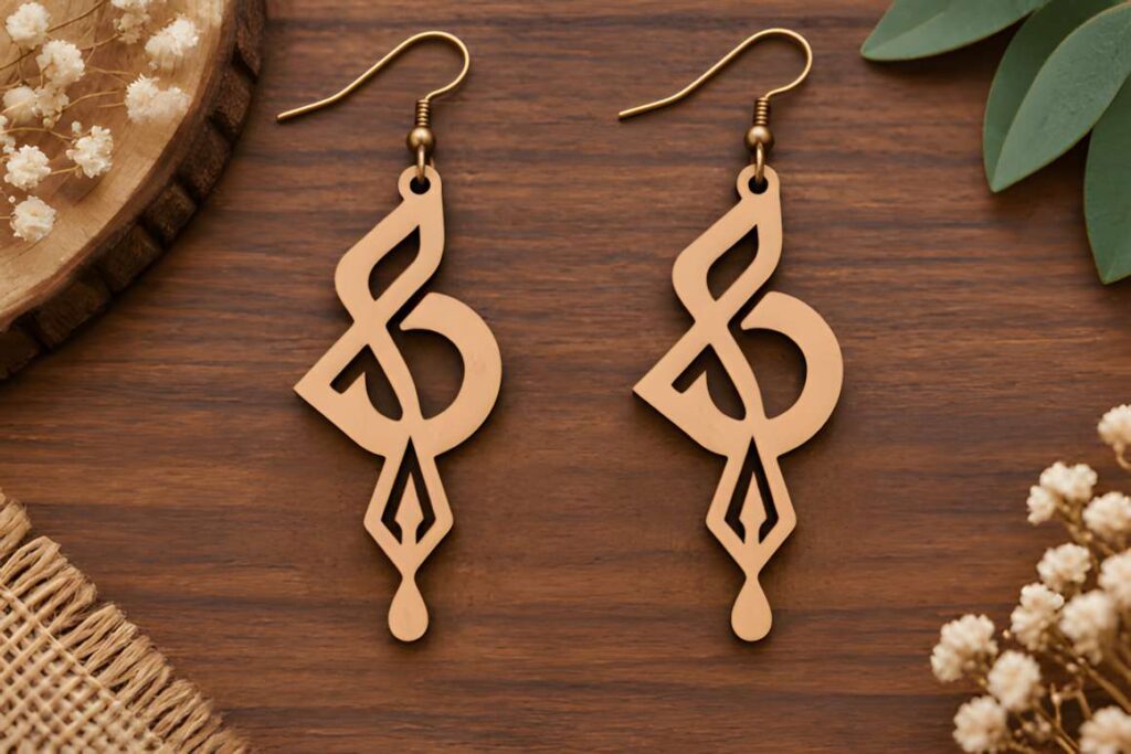 15 Laser Cut Acrylic Earring SVG Files 20 laser cut acrylic earring SVG files showing geometric drop earrings with sharp angles on wooden background