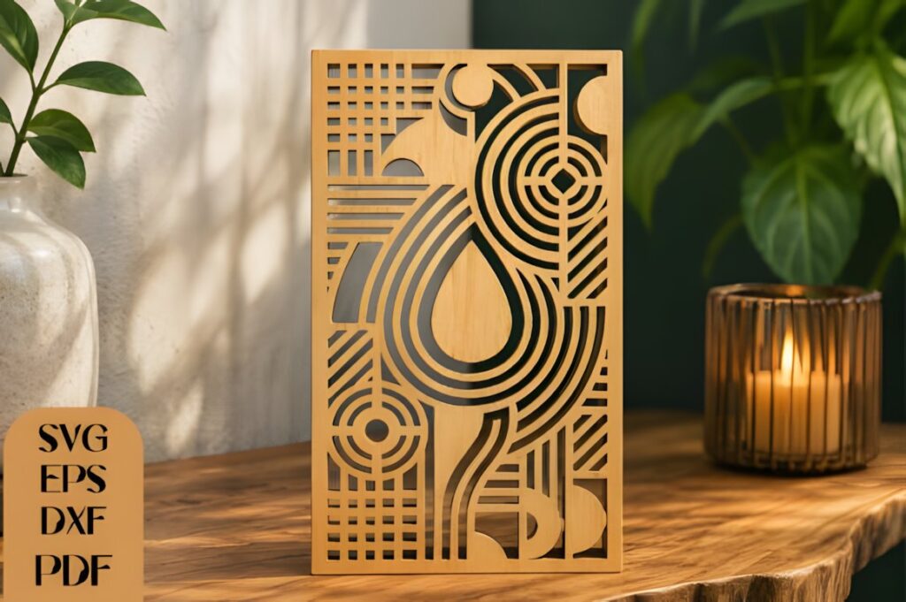 27 Laser Cut Wood Wall Art Ideas for Modern Home Decor 3 Laser cut wood wall art ideas featuring a modern geometric panel with flowing curves, circles, and grid details