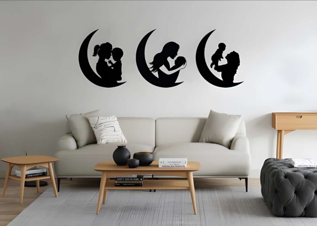 50 Laser Cut Steel Wall Art Ideas for Modern Home Decor 61 laser cut steel wall art ideas featuring mother and child silhouettes on crescent moons above a modern sofa