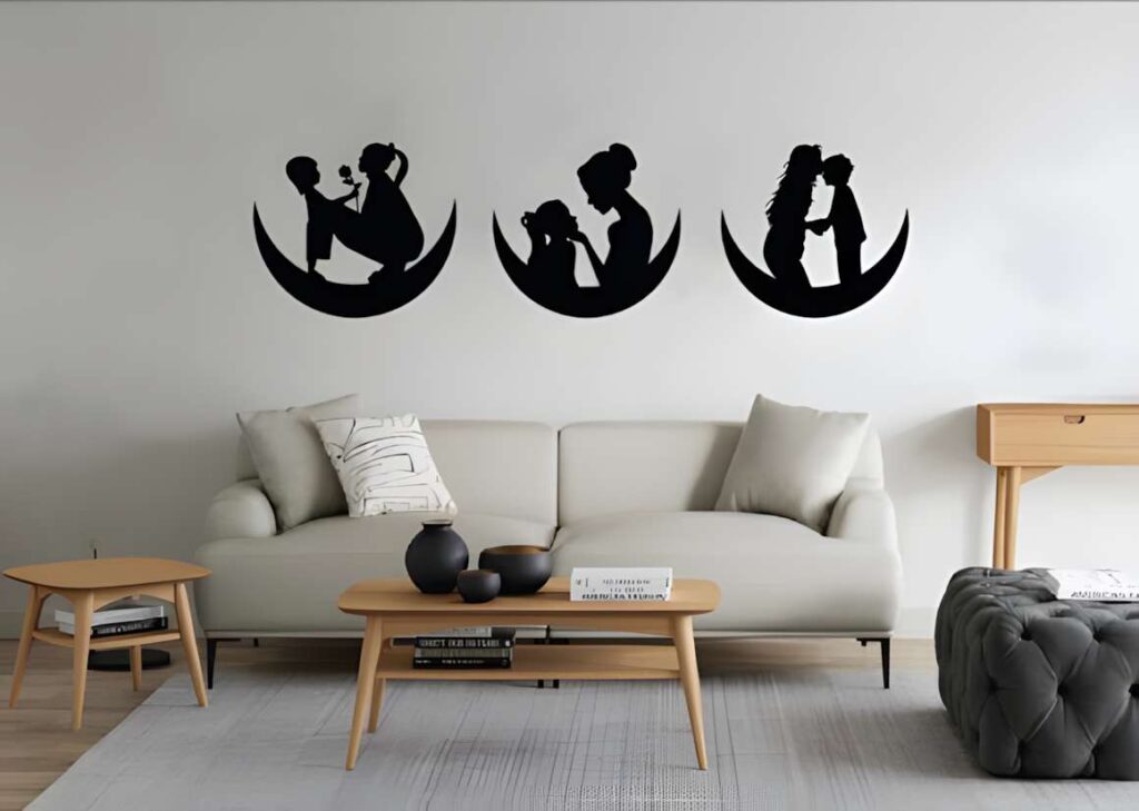 50 Laser Cut Steel Wall Art Ideas for Modern Home Decor 62 laser cut steel wall art ideas showing mother and child silhouettes on crescent moons above a sofa in a modern living room