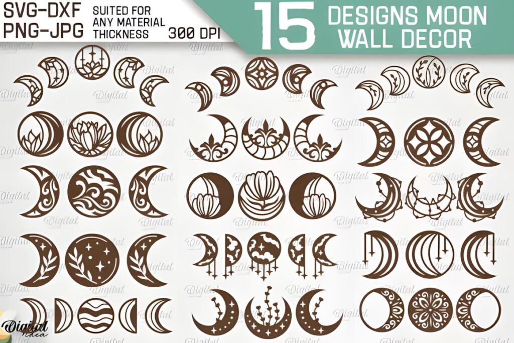 27 Laser Cut Wood Wall Art Ideas for Modern Home Decor 49 15 celestial-themed laser cut wood wall art ideas featuring various moon phases and decorative patterns