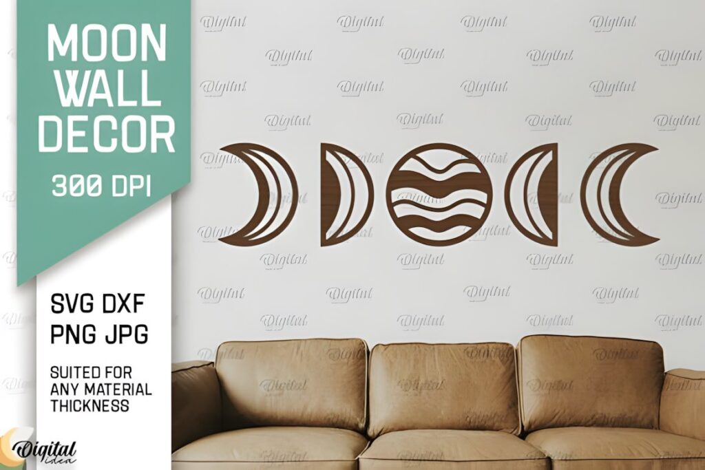 27 Laser Cut Wood Wall Art Ideas for Modern Home Decor 50 laser cut wood wall art ideas featuring five crescent and circular moon phases above a beige sofa