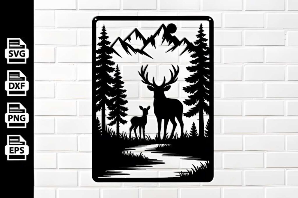 50 Laser Cut Steel Wall Art Ideas for Modern Home Decor 31 Laser cut steel wall art ideas featuring deer, mountain, and forest silhouette with a river and trees