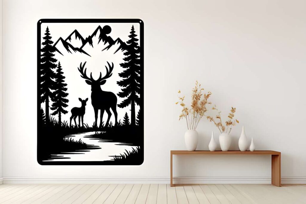 50 Laser Cut Steel Wall Art Ideas for Modern Home Decor 32 laser cut steel wall art ideas featuring deer and mountain forest scene in black metal silhouette
