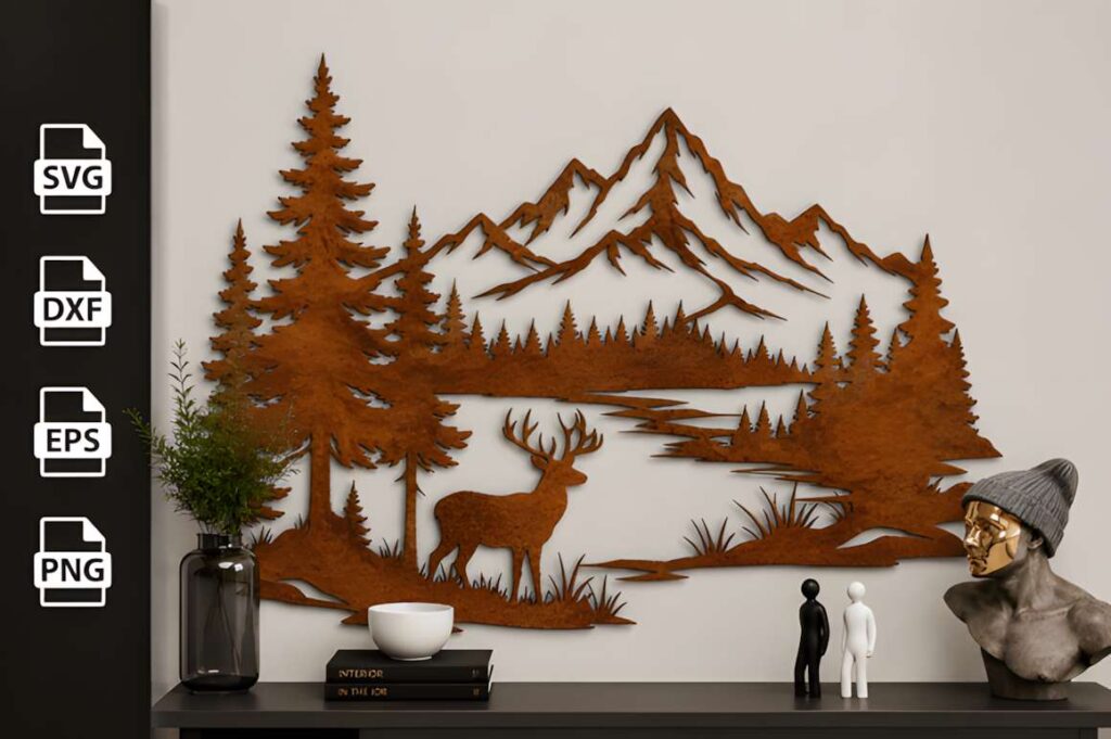 50 Laser Cut Steel Wall Art Ideas for Modern Home Decor 33 Laser cut steel wall art ideas featuring a mountain deer forest metal sign with trees and mountains in rust finish