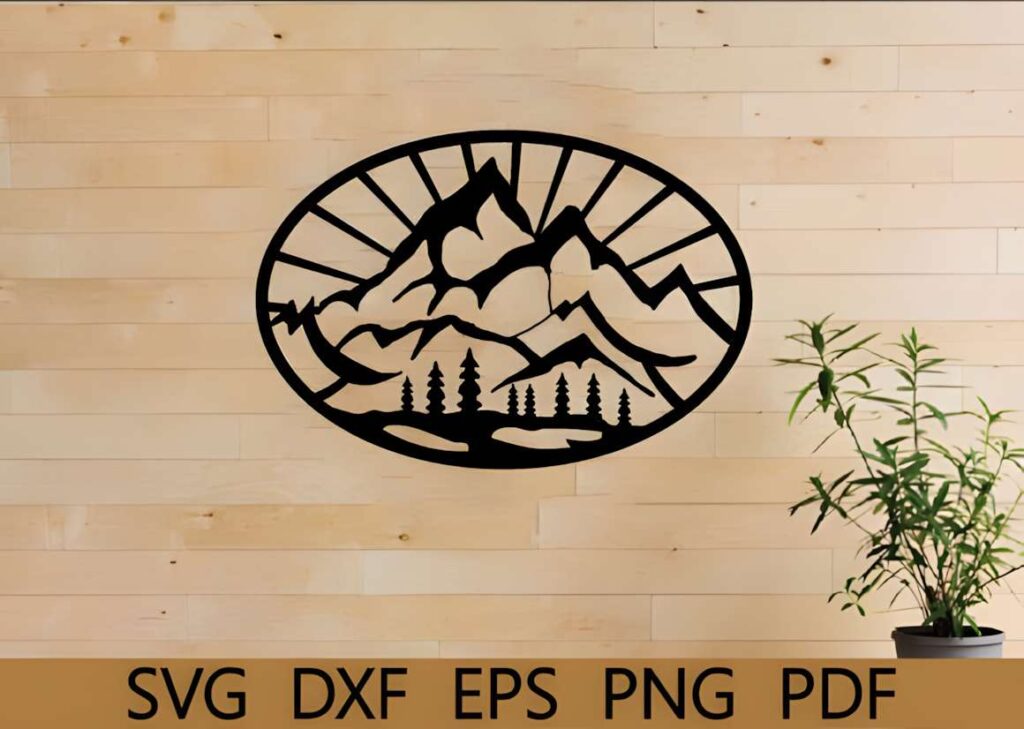 50 Laser Cut Steel Wall Art Ideas for Modern Home Decor 28 Laser cut steel wall art ideas featuring a mountain landscape with trees and sun rays in an oval frame on a wooden wall