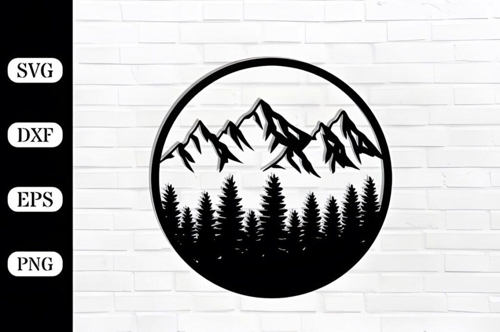 29 Laser Cut Metal Wall Art Ideas for Modern Home Decor 24 laser cut metal wall art ideas featuring mountain peaks and pine trees in a circular design