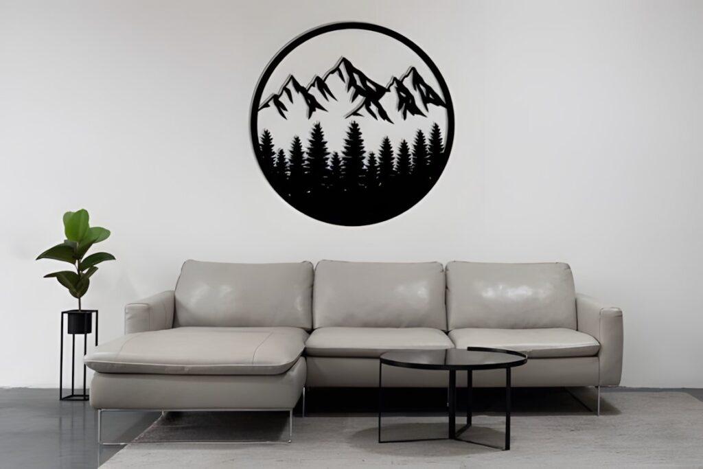 29 Laser Cut Metal Wall Art Ideas for Modern Home Decor 25 laser cut metal wall art ideas featuring mountain and tree silhouette in circular design above sofa