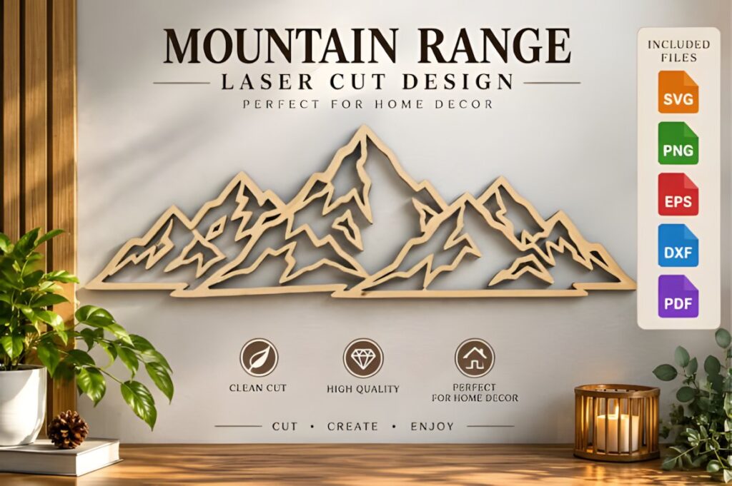 47 Laser Cut Wall Art Ideas for Stylish Home Interiors 6 Mountain Range laser cut wall art ideas with clean cut wooden mountain silhouette above console