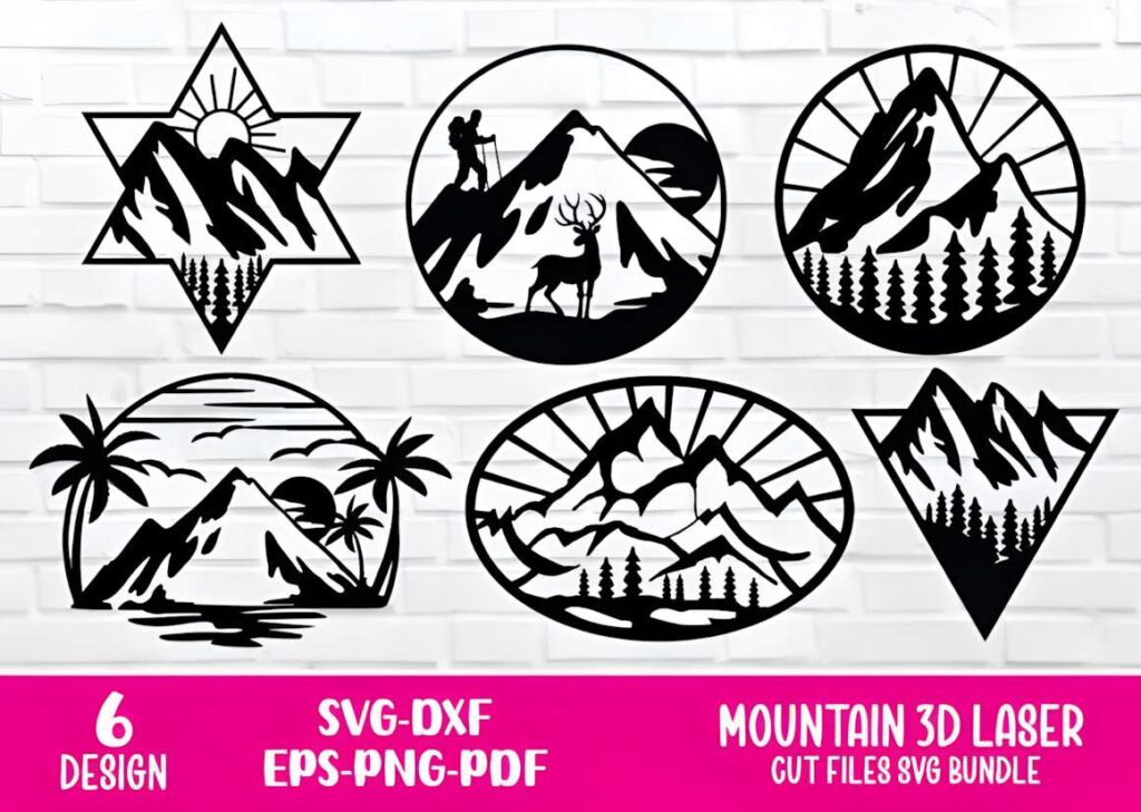50 Laser Cut Steel Wall Art Ideas for Modern Home Decor 19 Laser cut steel wall art ideas featuring six mountain scenery designs with hikers, deer, trees, and sun elements