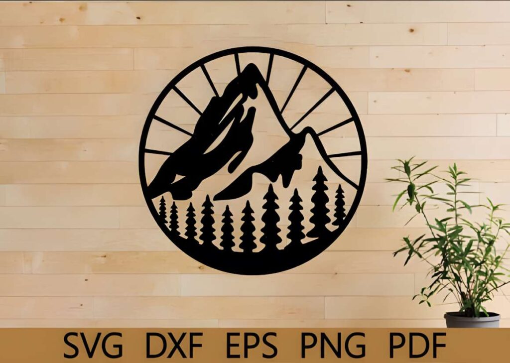 50 Laser Cut Steel Wall Art Ideas for Modern Home Decor 20 laser cut steel wall art ideas featuring a circular mountain and pine tree silhouette mounted on a light wooden wall