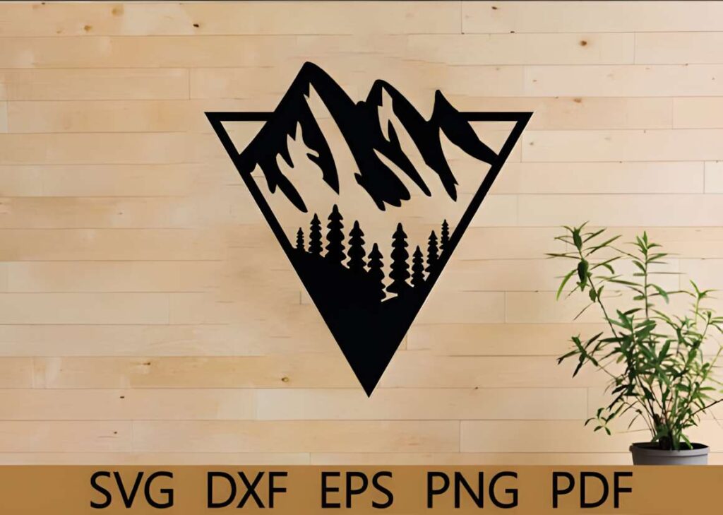 50 Laser Cut Steel Wall Art Ideas for Modern Home Decor 22 laser cut steel wall art ideas featuring a triangular mountain silhouette with trees on a wooden wall