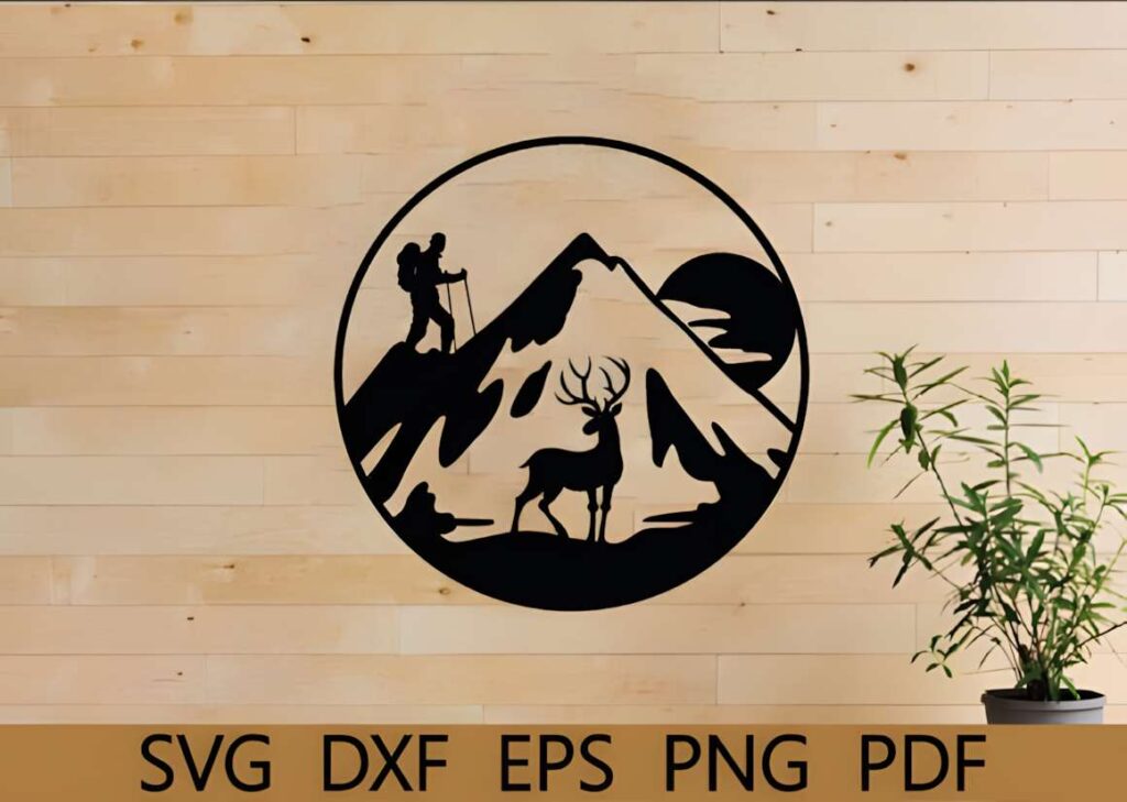 50 Laser Cut Steel Wall Art Ideas for Modern Home Decor 24 Laser cut steel wall art ideas featuring a mountain silhouette with a hiker and a deer inside a circular frame
