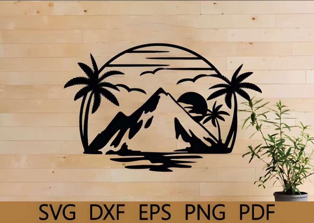50 Laser Cut Steel Wall Art Ideas for Modern Home Decor 26 laser cut steel wall art ideas featuring mountain silhouette with palm trees and sun on wooden wall