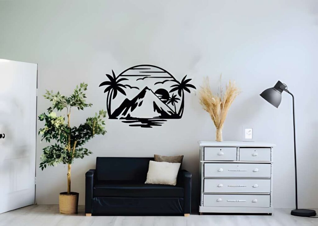 50 Laser Cut Steel Wall Art Ideas for Modern Home Decor 27 laser cut steel wall art ideas featuring mountain silhouette with palm trees above black sofa in modern living room
