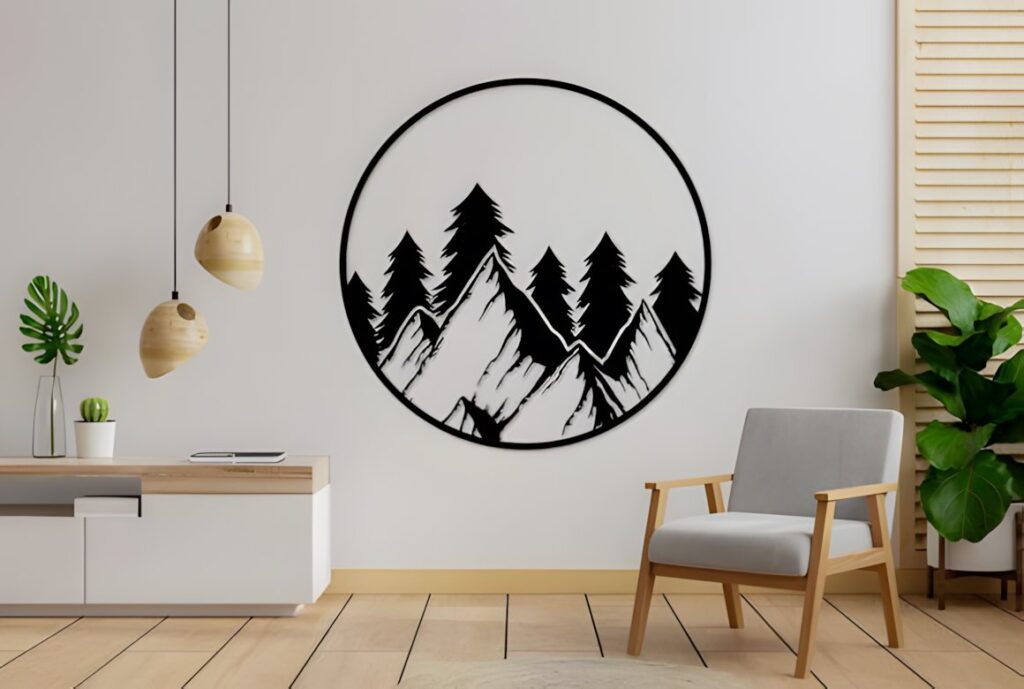 27 Laser Cut Wood Wall Art Ideas for Modern Home Decor 33 Laser cut wood wall art ideas featuring a circular mountain and forest design in a modern living room