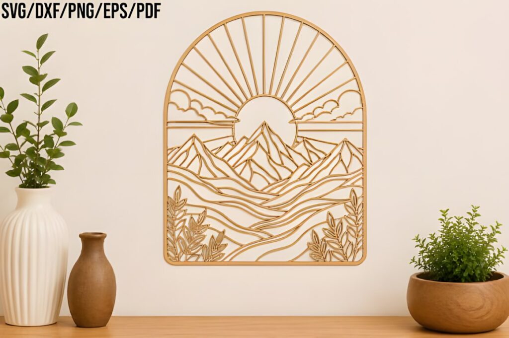47 Laser Cut Wall Art Ideas for Stylish Home Interiors 2 laser cut wall art ideas featuring a mountain landscape with sun and plants in an arched frame